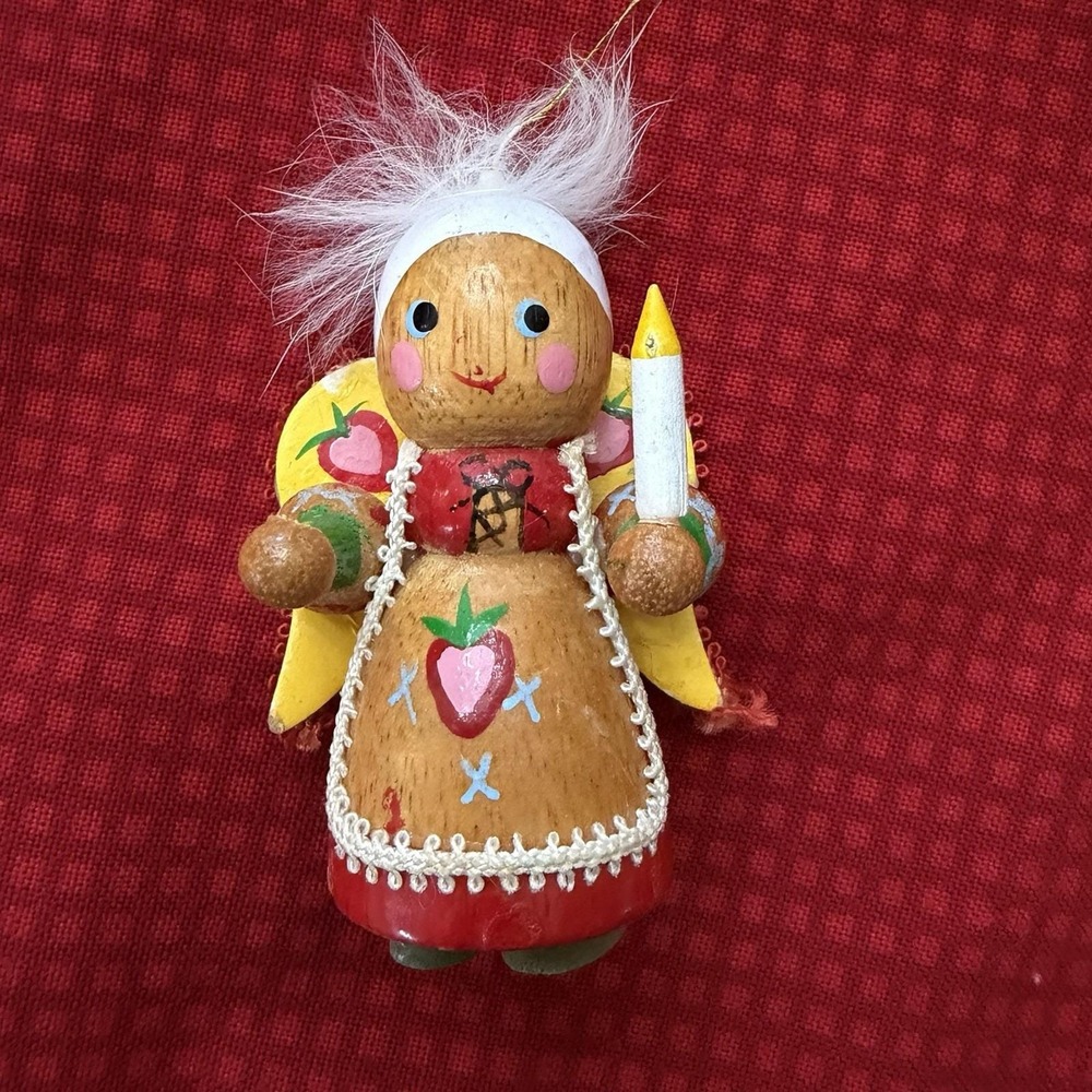 Vintage Handcrafted Wooden Angel Christmas Ornament Strawberry Folk Art